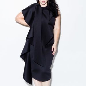 Elegant Black One-Shoulder Ruffle Midi Dress – Statement Formal Wear